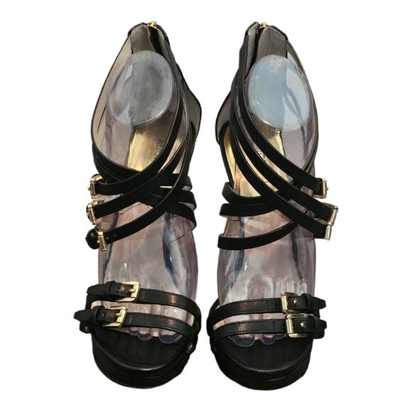 Michael Kors Black Leather Gold Buckle Ava Platform Strappy Heels Size‎ 9.5 - Picture 3 of 15